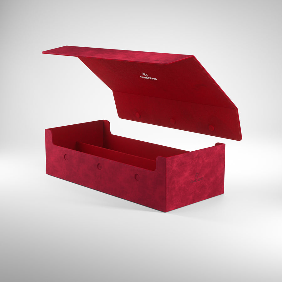 A red Gamegenic felt-like storage box with its lid angled open, revealing inner compartments