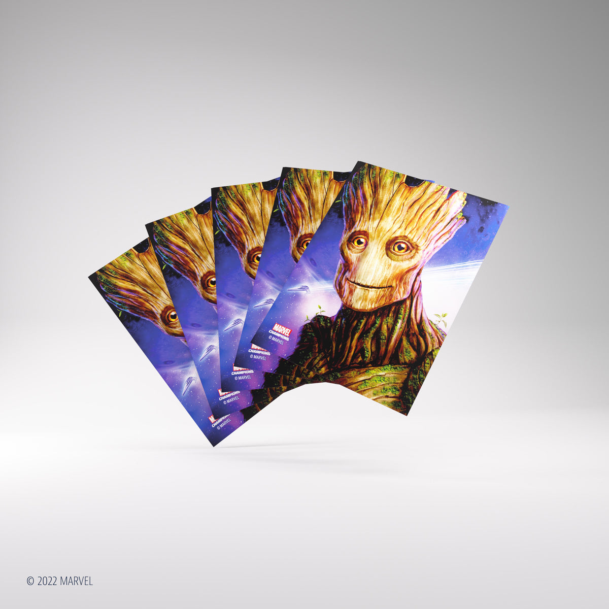Set of five Groot card sleeves laid out