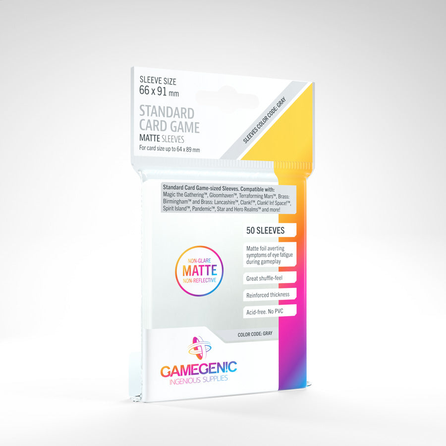A white Gamegenic pack of 50 Standard Card Game Matte Sleeves, 66x91mm, with a grey colour code and non-glare features.