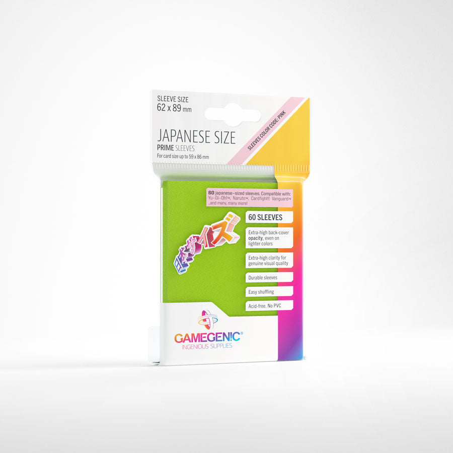 Gamegenic Japanese Sized Prime Sleeves in lime green, front packaging view