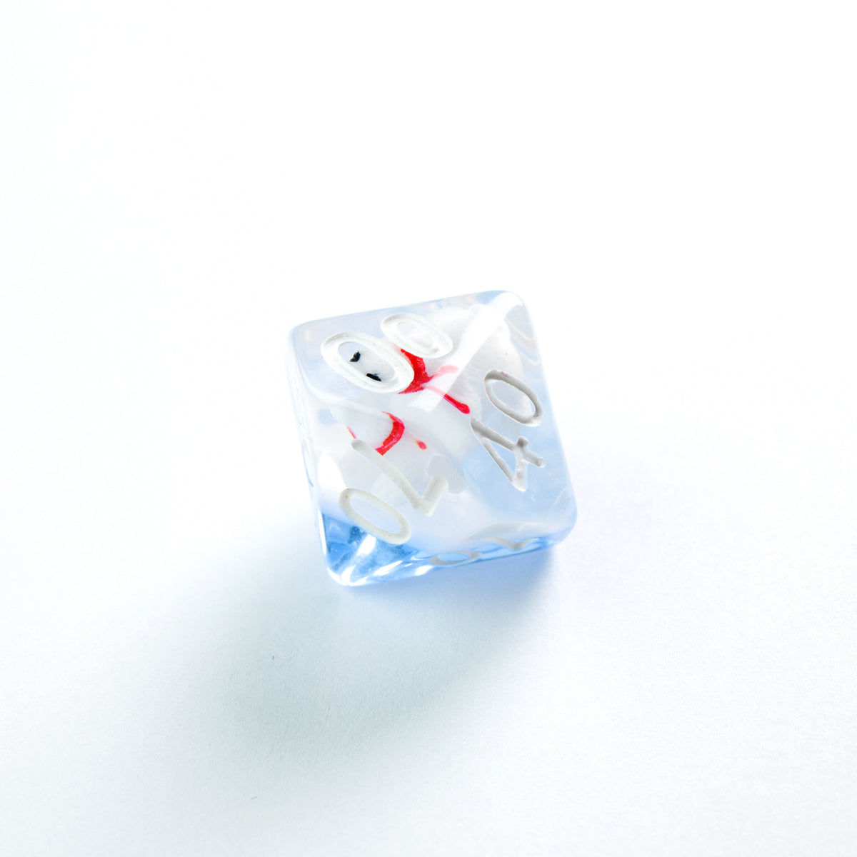 Translucent blue and white swirled polyhedral die featuring a white snowman-like figure with red details inside