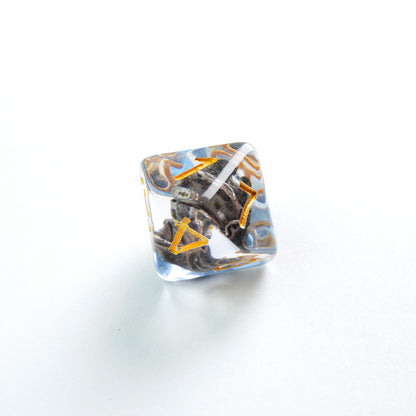 Clear polyhedral die with an embedded dark dragon head, gold runes, and blue-gold accents, on white