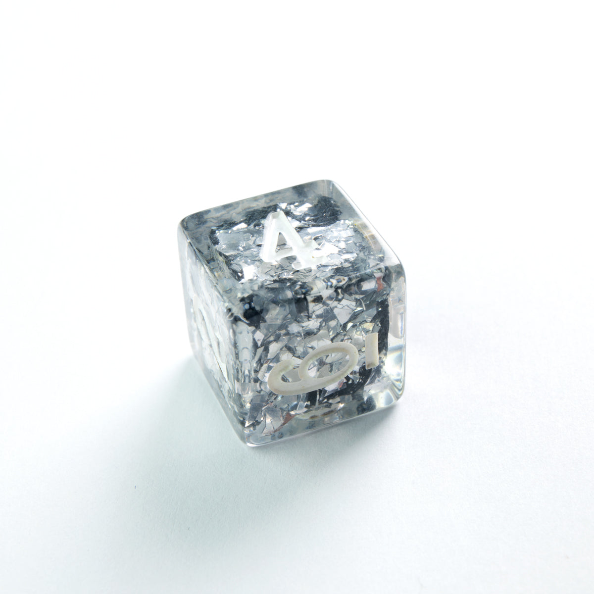 Silver glitter keycap with white letter 'A' on top and 6 on front, on a white background