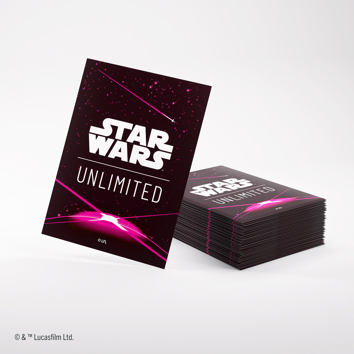 Stack of magenta card back sleeves from Gamegenic&#39;s Star Wars line
