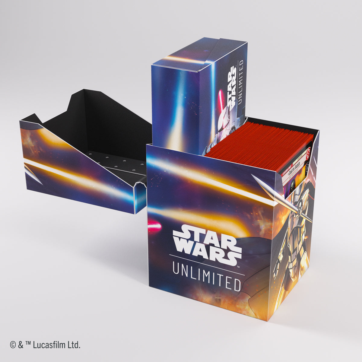 Crate slightly open with front design and accessories inside