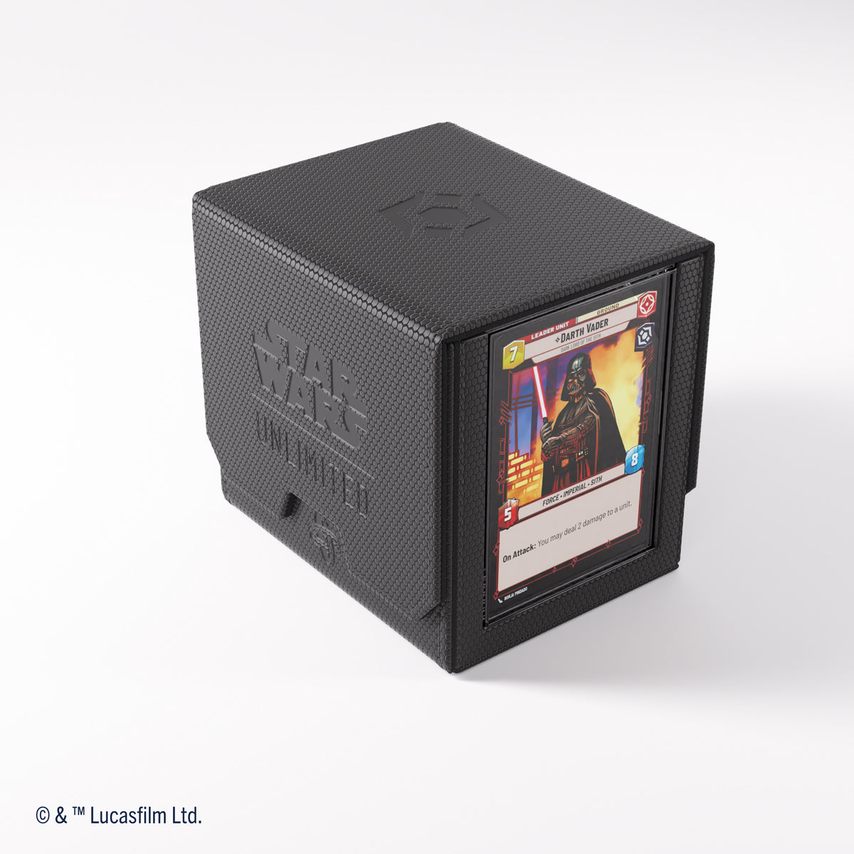 Black, textured Star Wars Unlimited deck box displaying a Darth Vader leader card