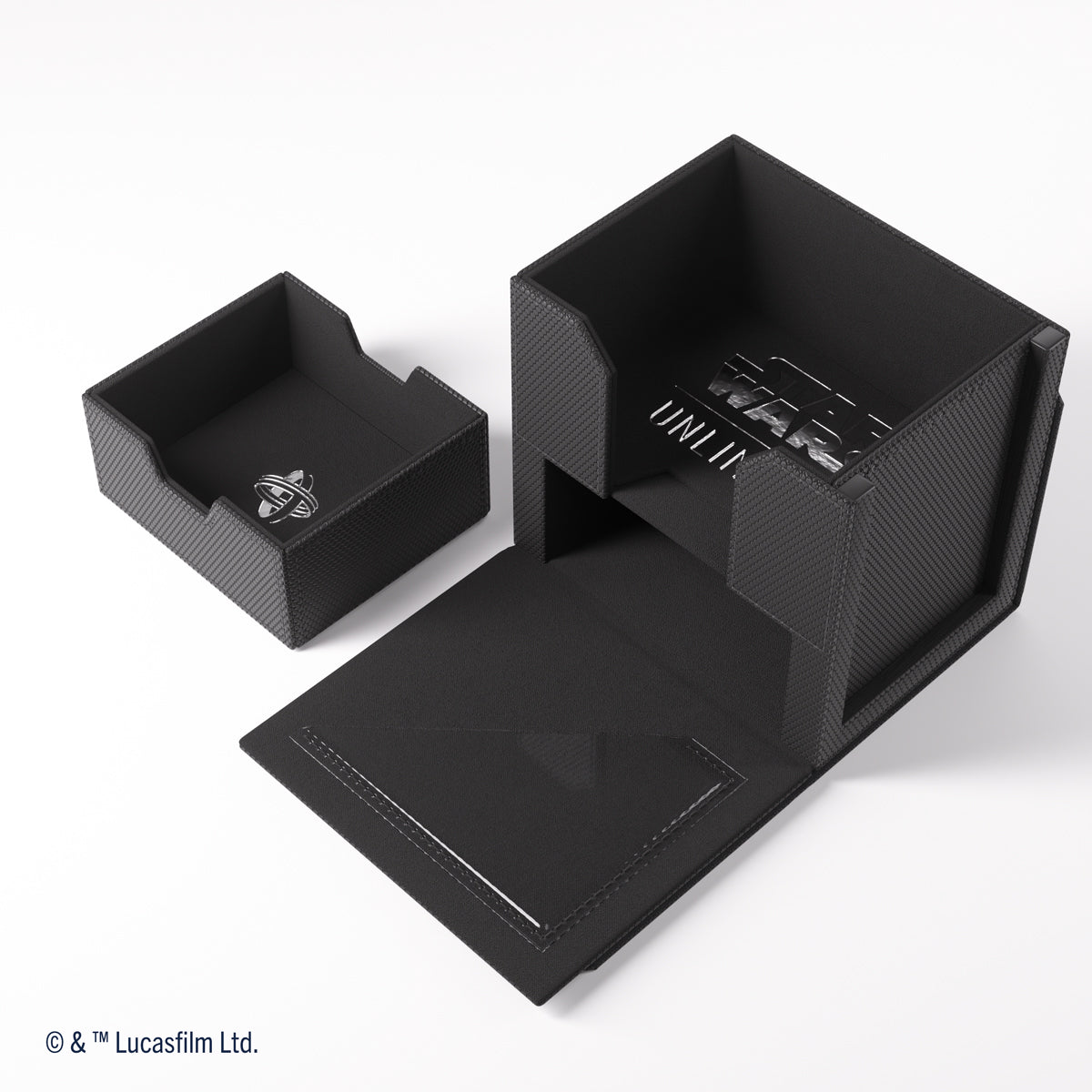 Two black textured Star Wars Unlimited game boxes: a large open storage unit and a smaller tray with a token