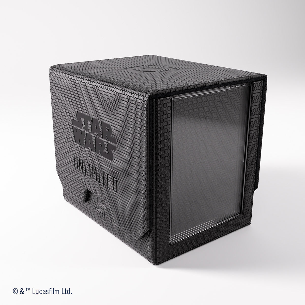 A black, hexagonal-textured Star Wars Unlimited card game box with a clear front panel