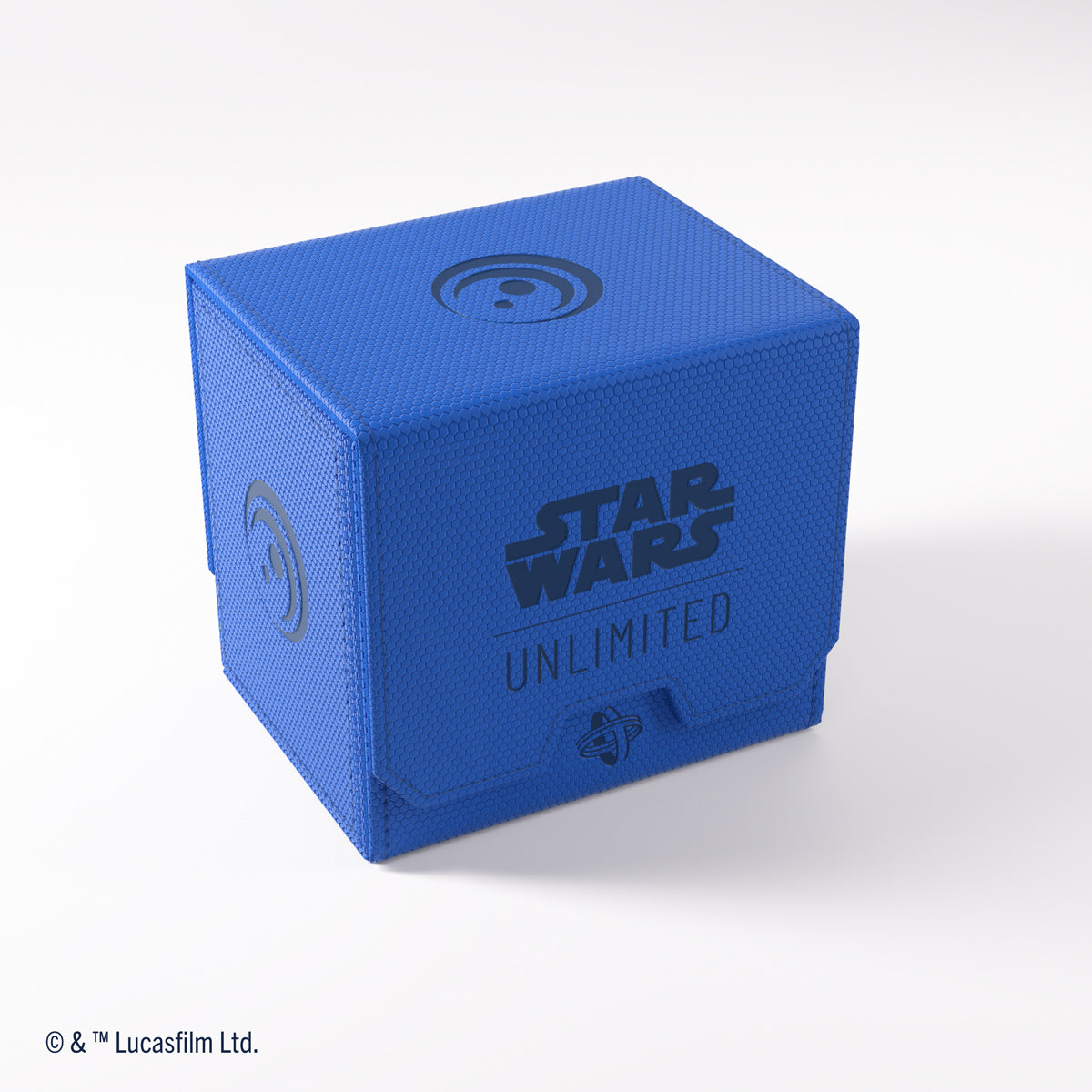 A blue, hexagonal-textured &quot;Star Wars Unlimited&quot; storage box with black logos
