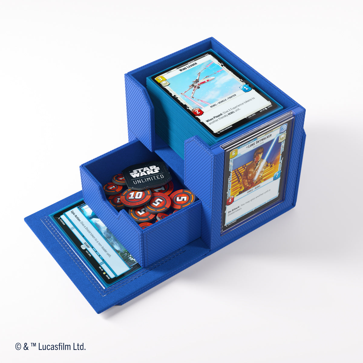 Blue multi-compartment Star Wars: Unlimited card game organizer holding cards, including Luke Skywalker, and tokens