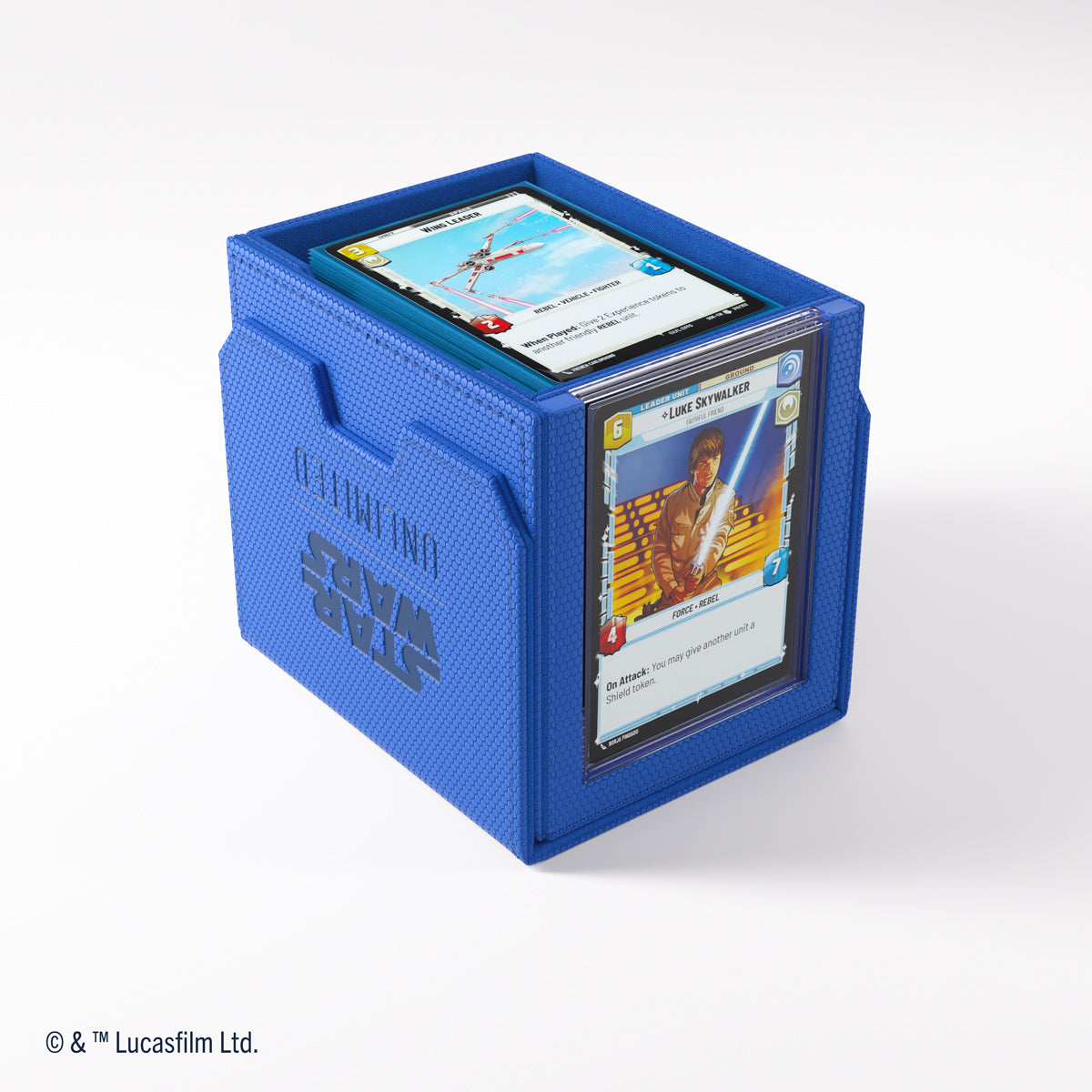 Textured blue Star Wars: Unlimited deck box holding Luke Skywalker and X-wing game cards
