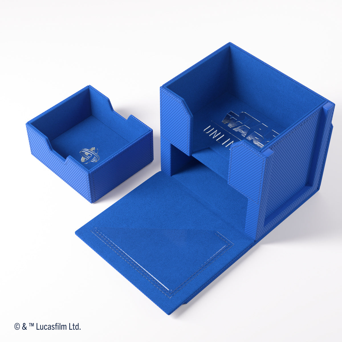 A textured blue Star Wars Unlimited deck box, open with a separate tray displaying a planet logo