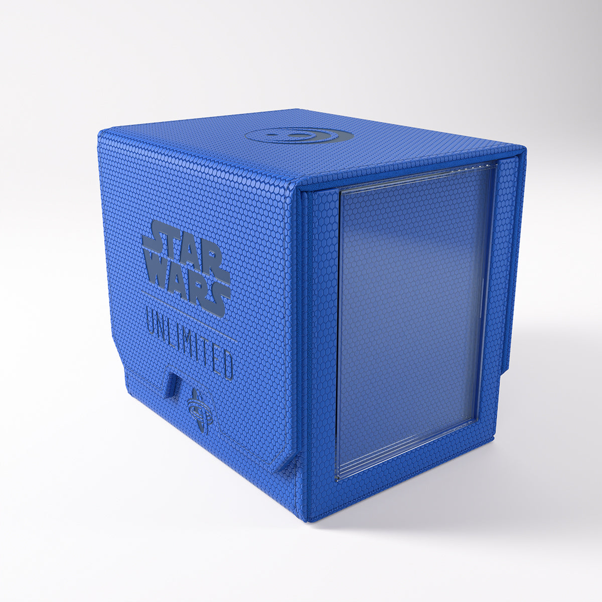 Blue hexagonal-textured Star Wars Unlimited card storage box with a clear front panel