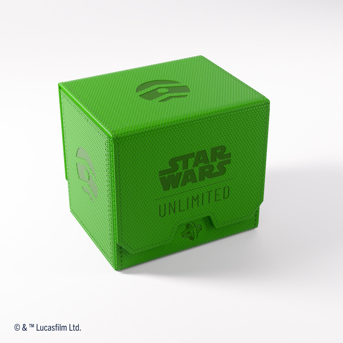 Bright green Star Wars Unlimited card box with hexagonal texture, features game title on front, stylized helmet symbol on top/side, and orb-like logo on flap