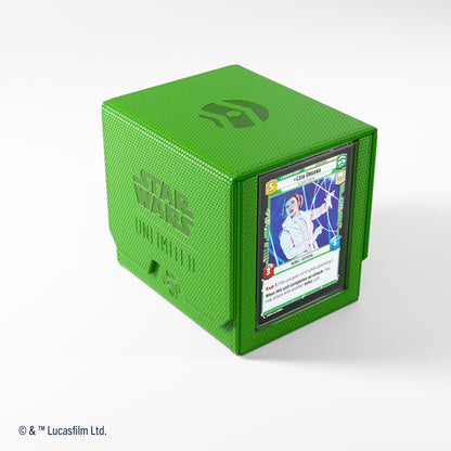 Bright green Star Wars Unlimited deck box with honeycomb texture, featuring the game's logo and a Leia Organa card in its display slot