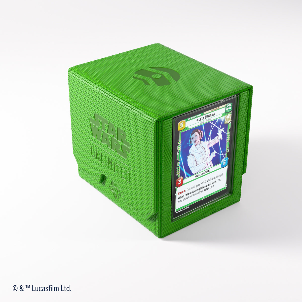 Bright green Star Wars Unlimited deck box with honeycomb texture, featuring the game&#39;s logo and a Leia Organa card in its display slot