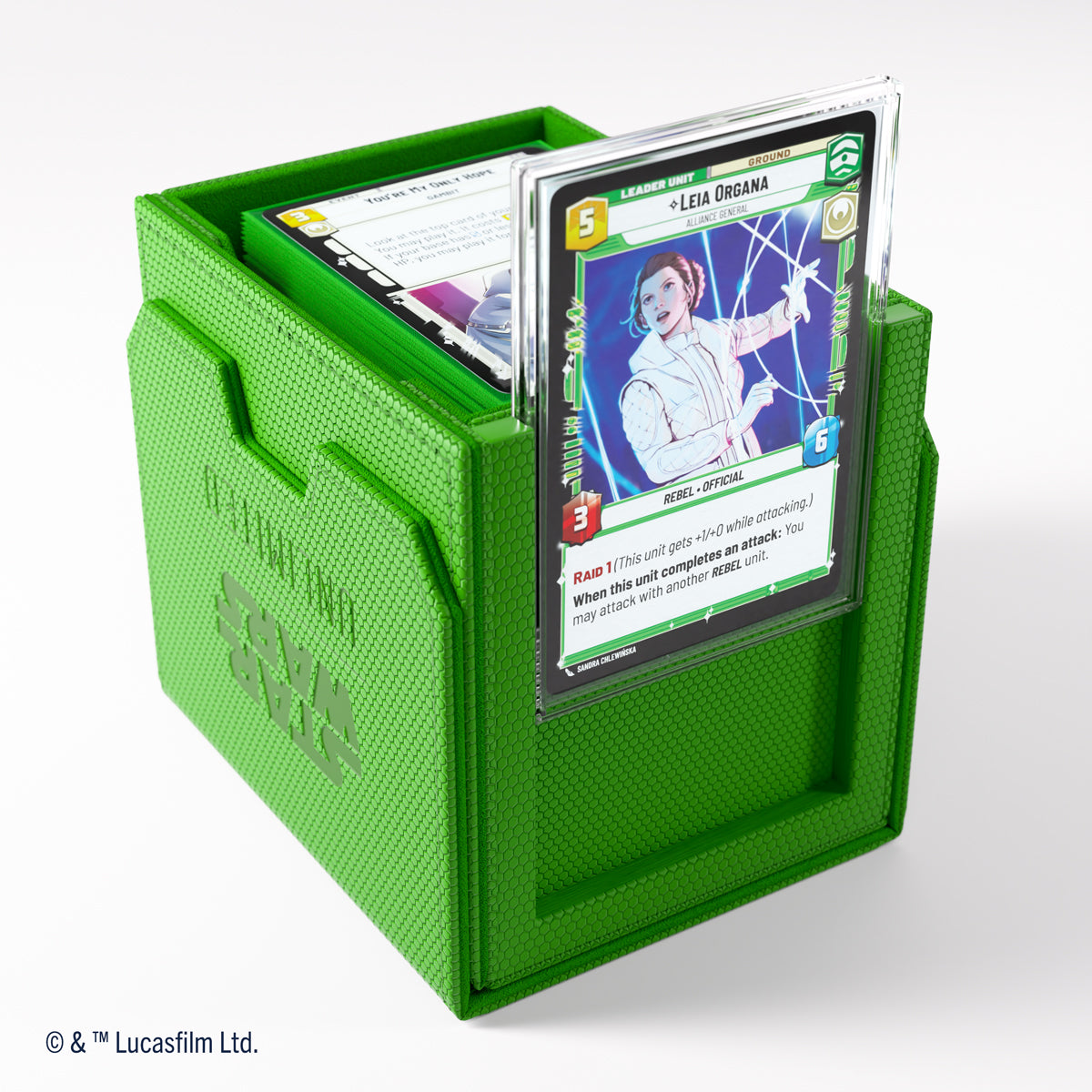 Bright green hexagonal Star Wars deck box holds Star Wars Unlimited TCG cards