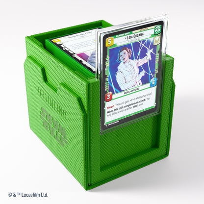 Bright green hexagonal Star Wars deck box holds Star Wars Unlimited TCG cards