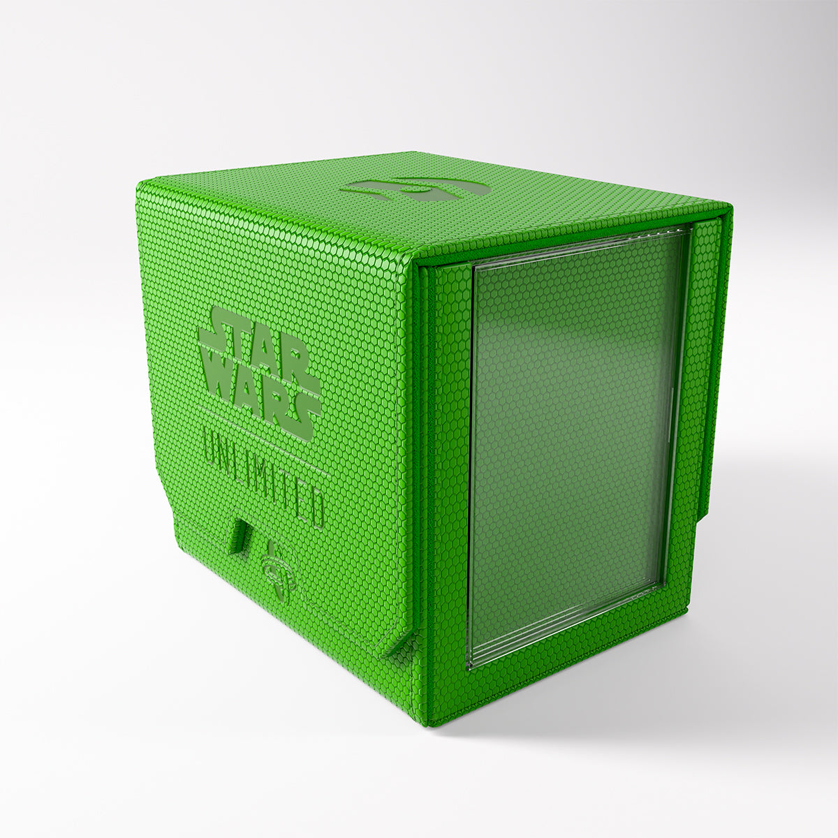 Bright green Star Wars Unlimited card game storage box with hexagonal texture and clear display window