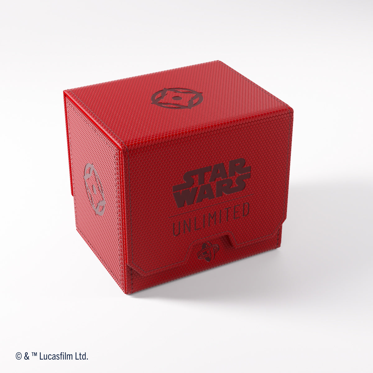 A red hexagonal-textured Star Wars Unlimited box, black text and game logos are visible on the lid and front flap