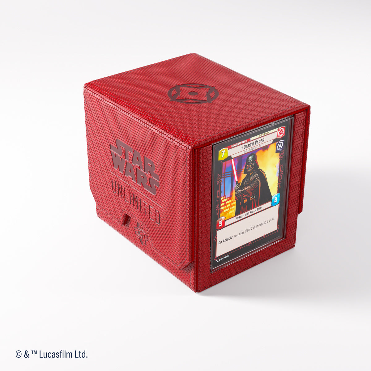 Red textured Star Wars Unlimited game card box displaying a Darth Vader card