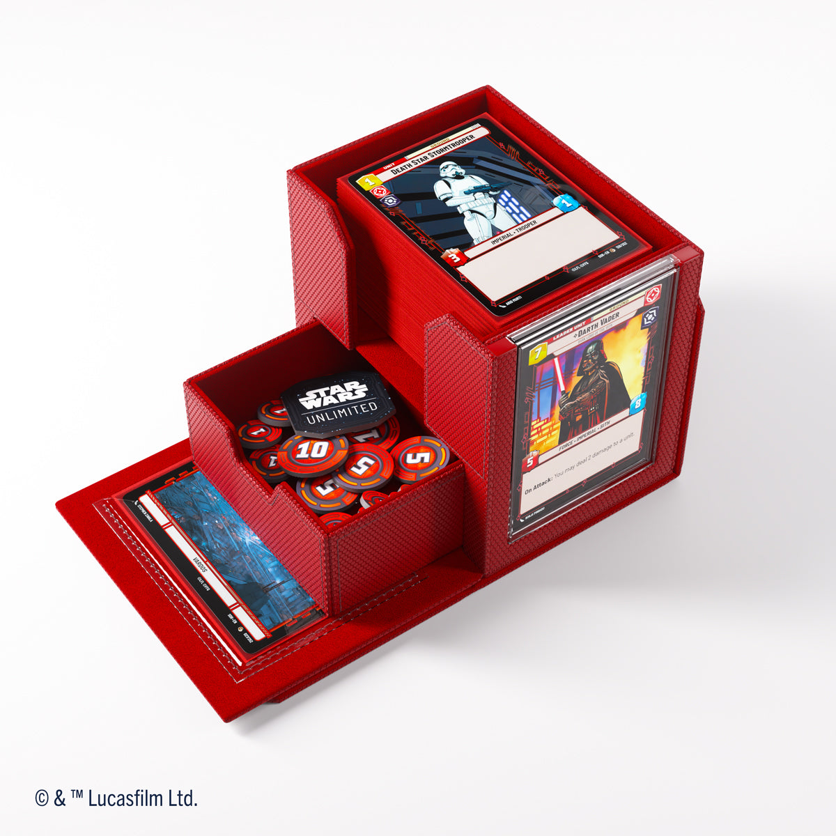 A red Star Wars Unlimited card game storage box, open to reveal compartments holding cards and game tokens