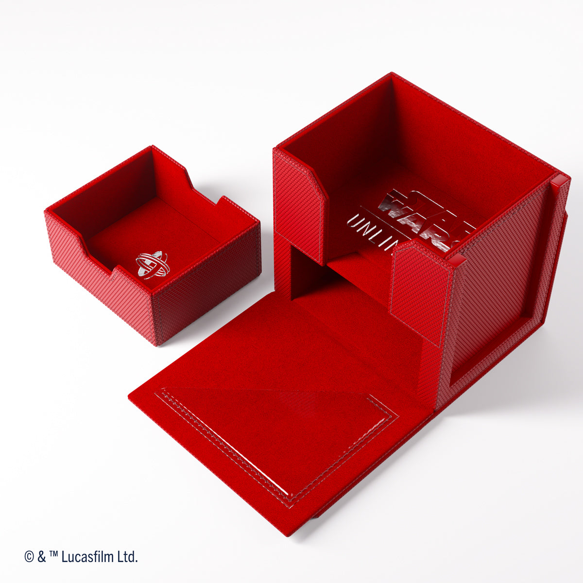 Open, textured red Star Wars Unlimited deck box with text inside, a smaller matching tray with a logo sits beside it