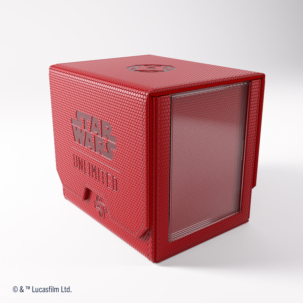 Red, hexagon-patterned Star Wars Unlimited storage box with debossed branding and a clear display window
