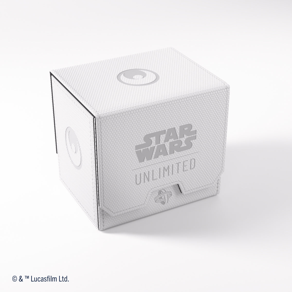 A white, hexagonal-textured Star Wars Unlimited deck pod with embossed text and logos