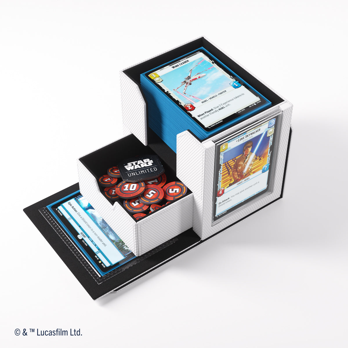 White Star Wars Unlimited card game organizer displaying Luke Skywalker, X-Wing cards, and game tokens