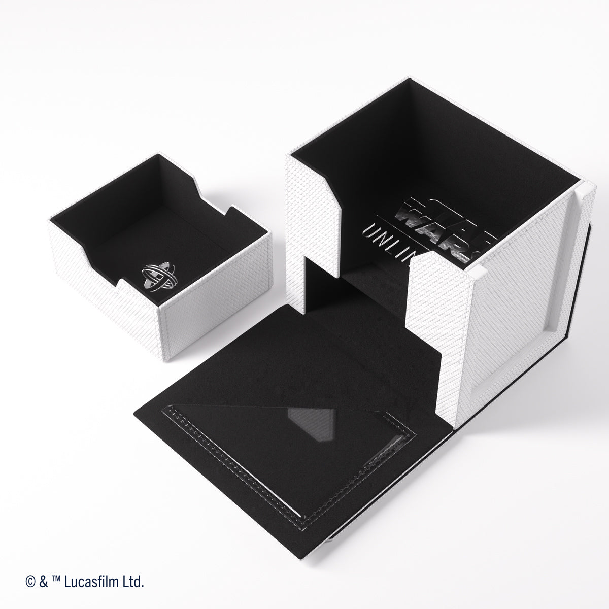 A white and black Star Wars Unlimited deck box set, open to show its interior and a removable tray