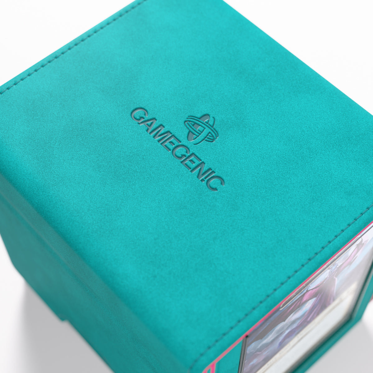 Close-up of the Gamegenic logo embossed on the deck box lid