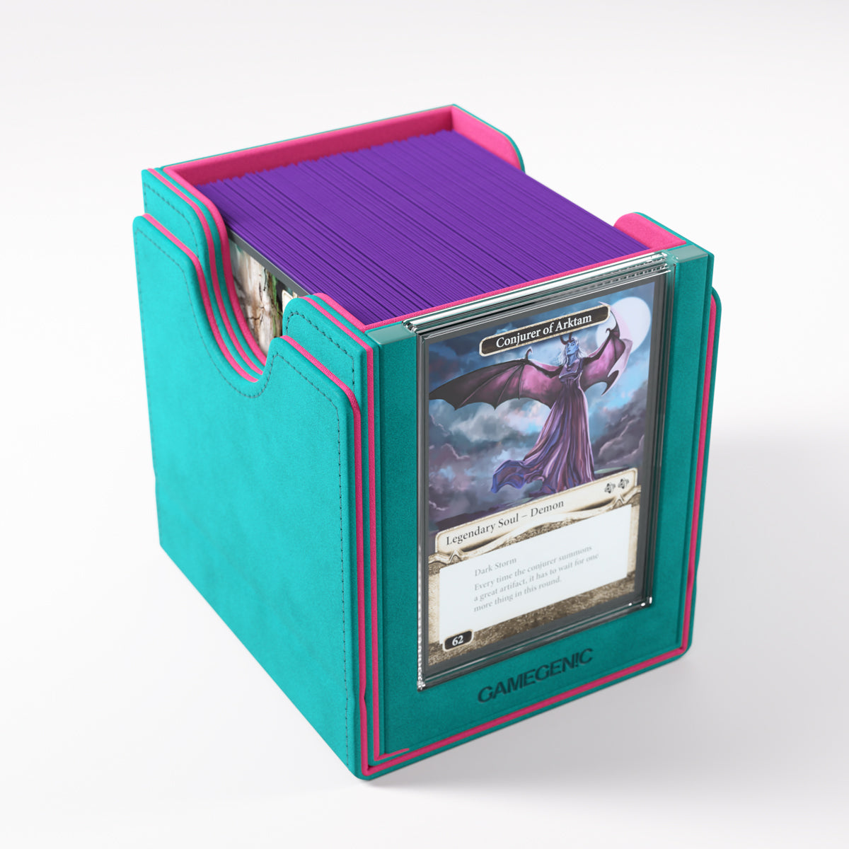 Open box revealing a deck of purple-sleeved cards with front card displayed