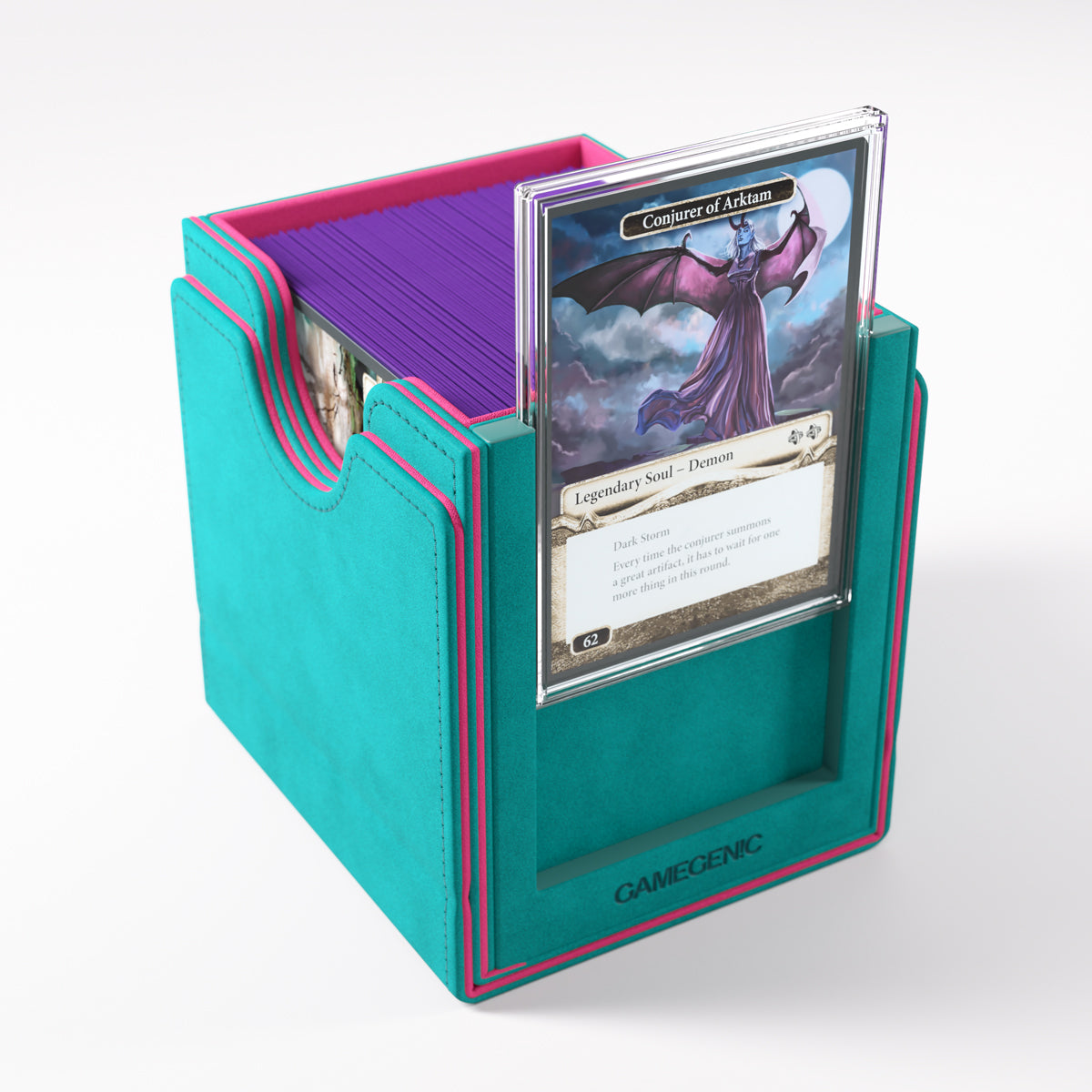 Card partially lifted from the front display slot of the open deck box