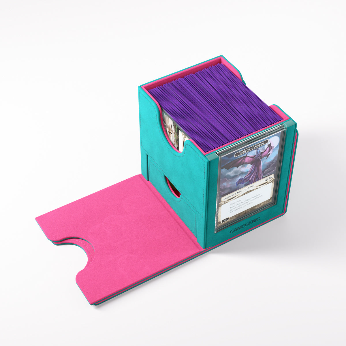 Lid opened down to reveal access to the card storage