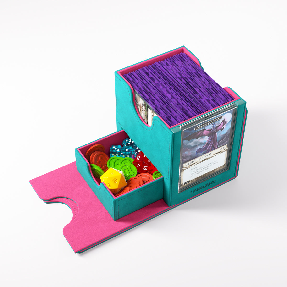 Open drawer below cards, showing dice and game tokens