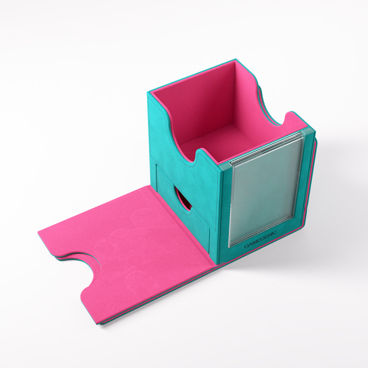Empty deck box with open compartments, showing internal structure