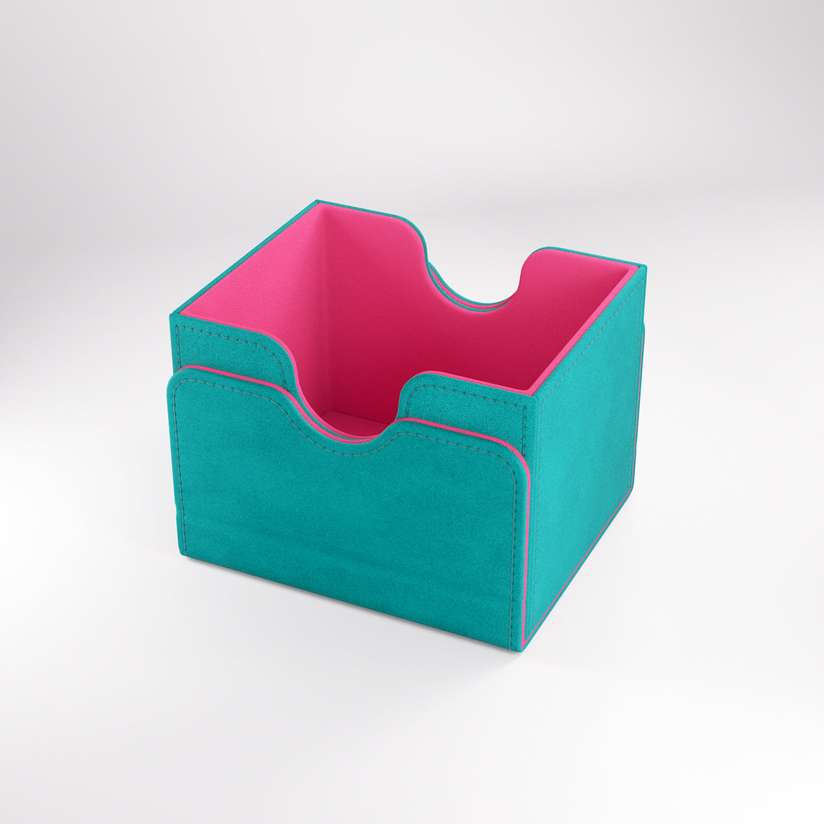 Open teal/pink gamegenic sidekick 100+ XL convertible deck box showing empty, grey interior with dual compartments