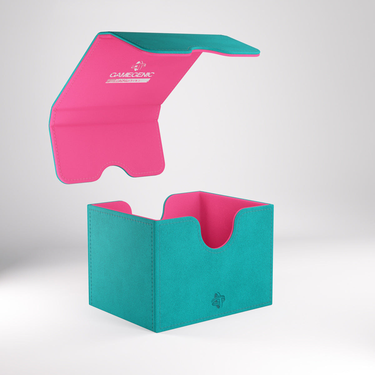 Teal/Pink Gamegenic Sidekick 100+ XL Convertible Deck Box with lid fully opened and flipped back, revealing interior and logo