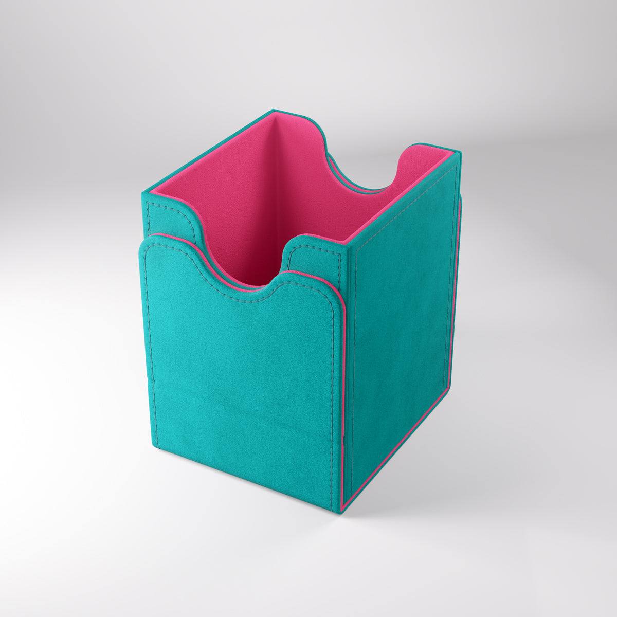 Open teal and pink Gamegenic deck box with curved cutout design