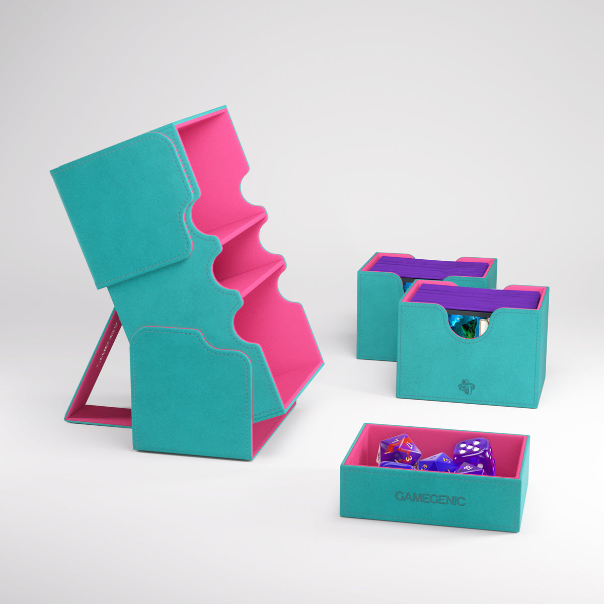 Gamegenic multi-tier velvet card display stand with two boxes of cards and one box of dice