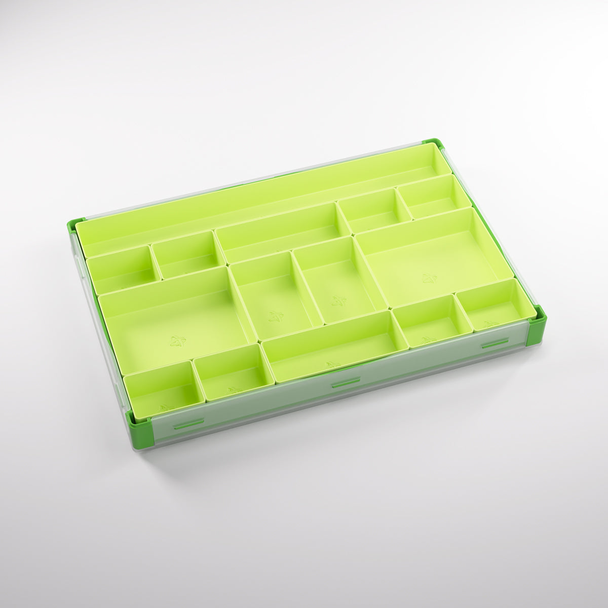 Inner lid view of the Green/Lime token box with compartments