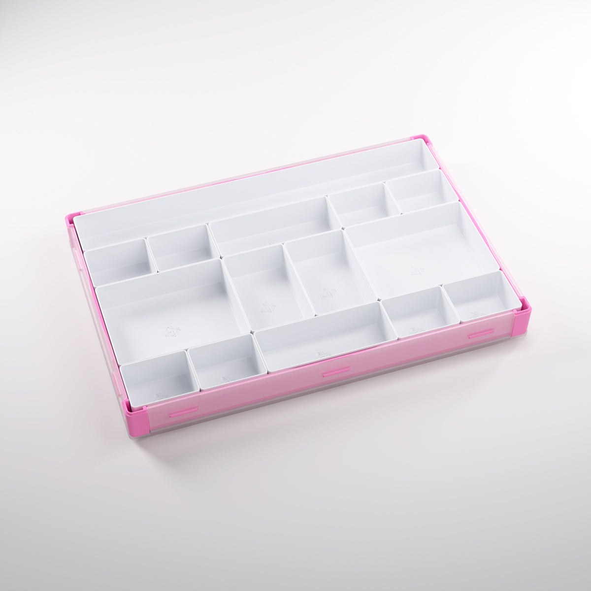 Lid-open view showing compartments in Pink/White storage box