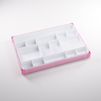 Lid-open view showing compartments in Pink/White storage box
