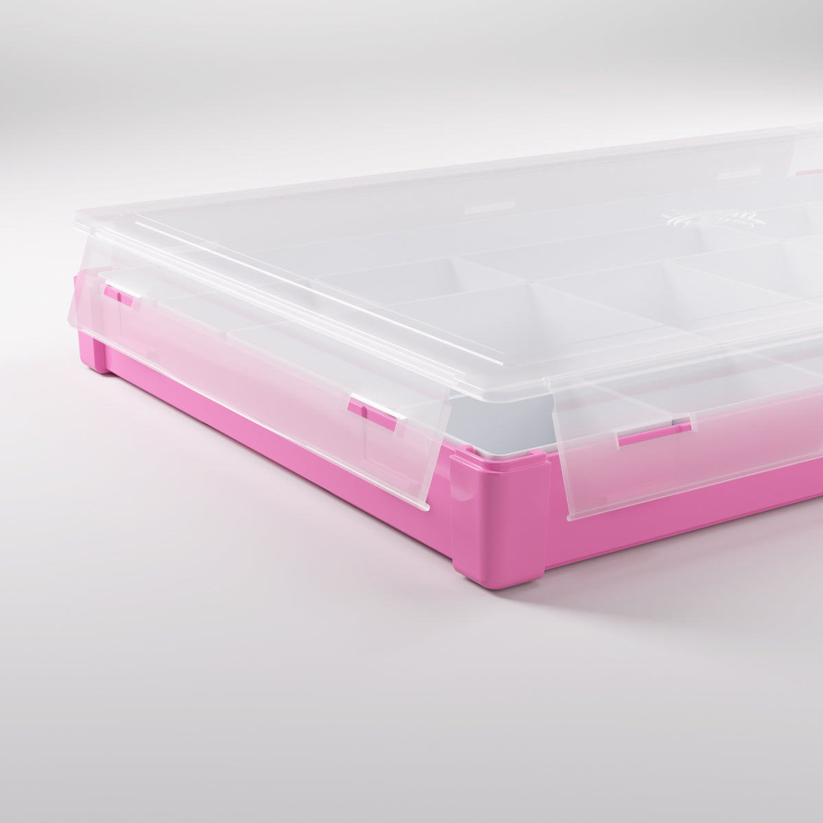 Fully open Pink/White box with tokens and dividers in place