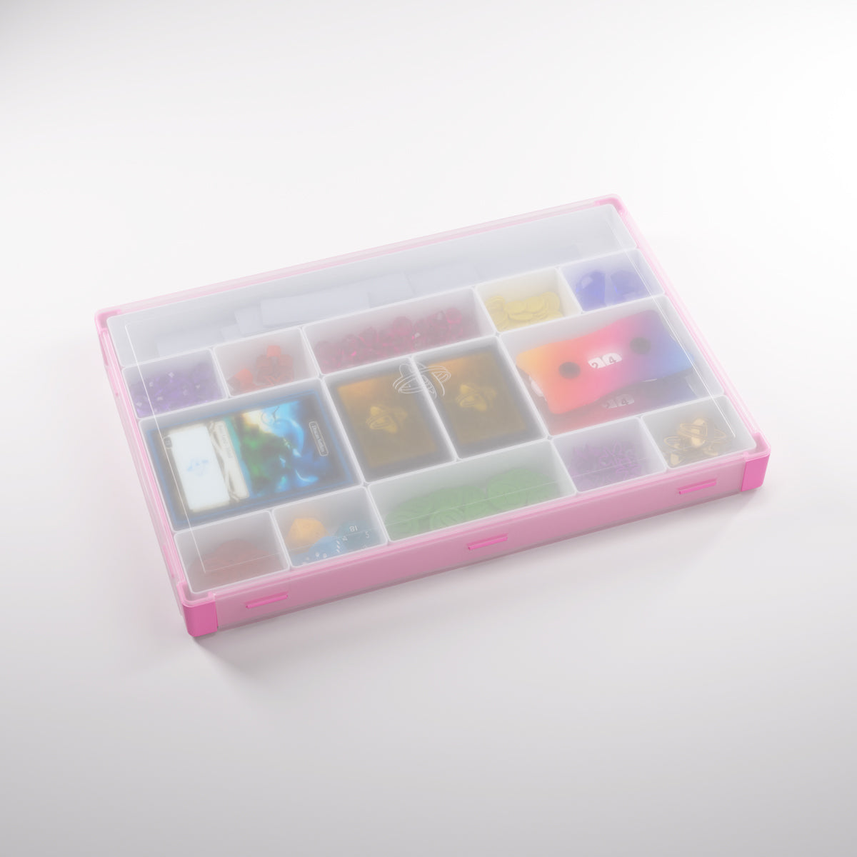 Open Pink/White token box with organized interior compartments