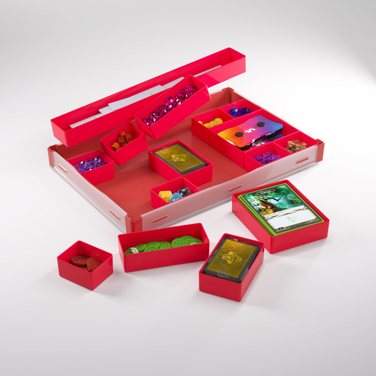 Red token storage box with convertible open lid