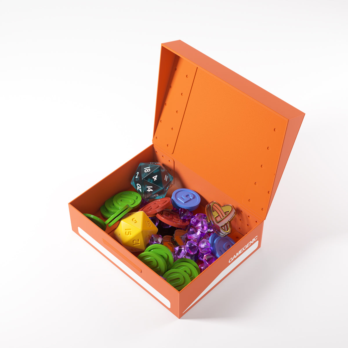 Orange game storage box, open and full of colorful dice, tokens, and RPG accessories