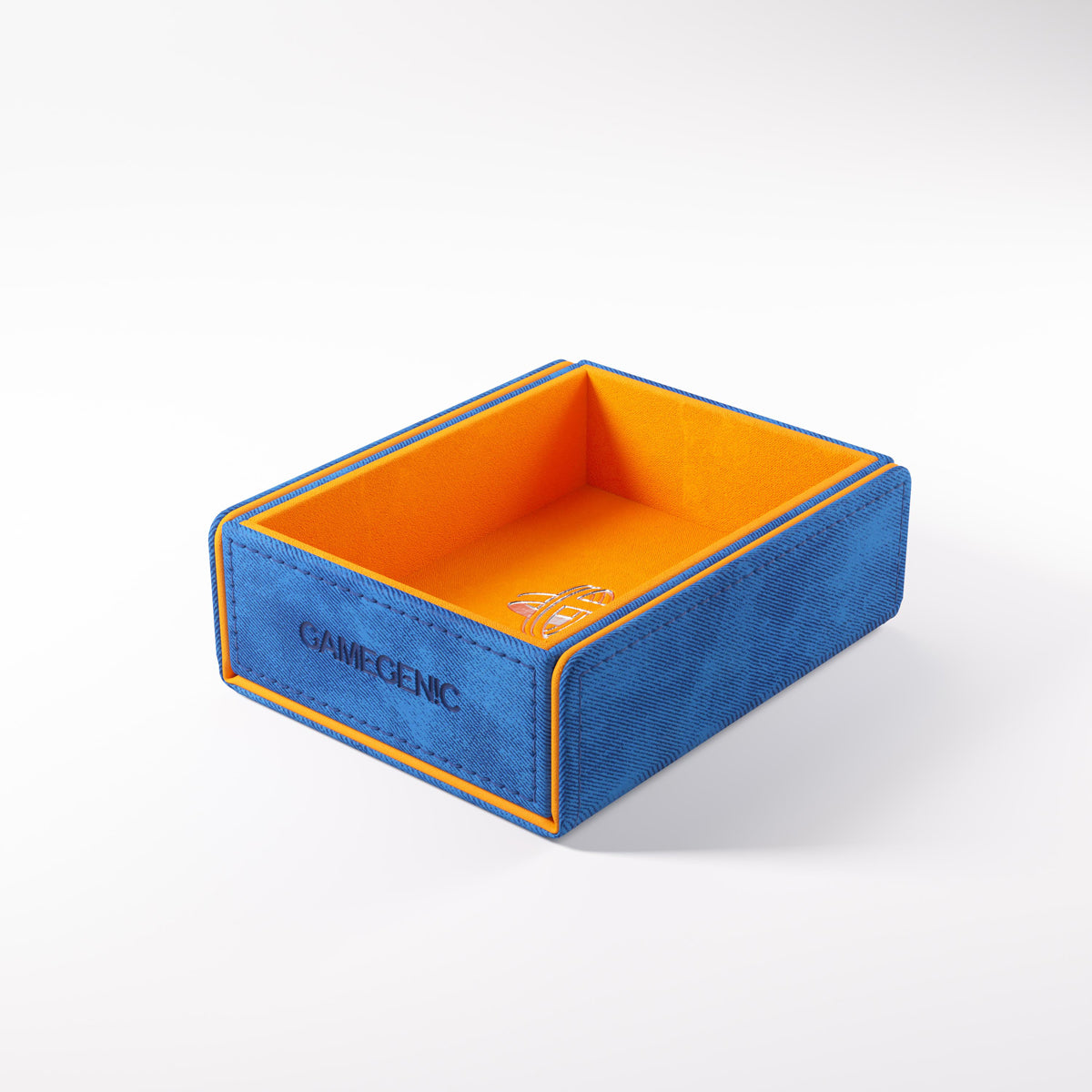 Gamegenic denim blue dice tray with bright orange felt lining and stitching