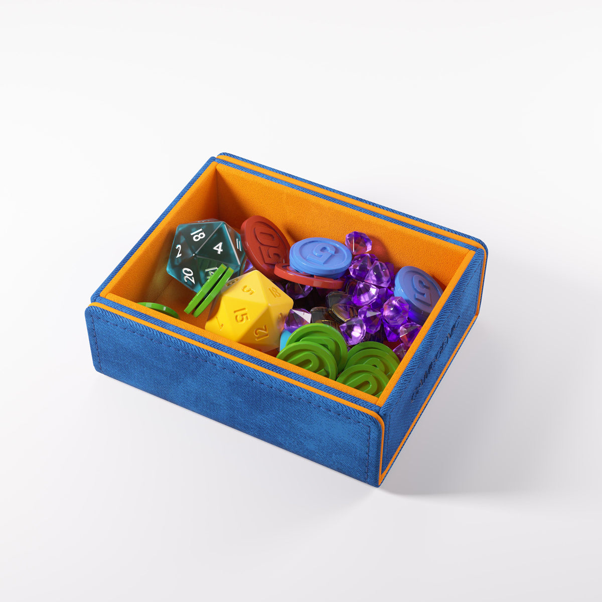Gamegenic Token Keep Box filled with colourful gaming dice, tokens, and purple gems on a white background